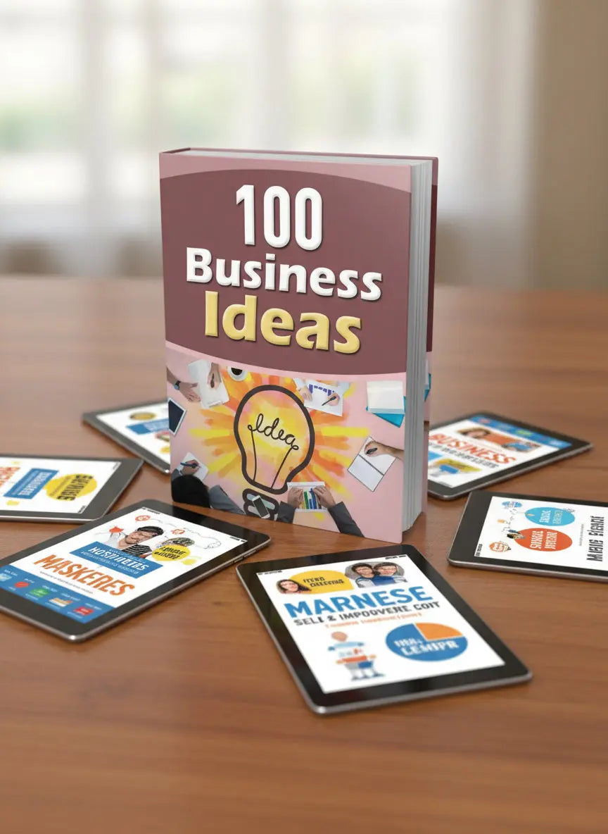 Book cover with '100 Business Ideas' text and light bulb graphic on a pink background