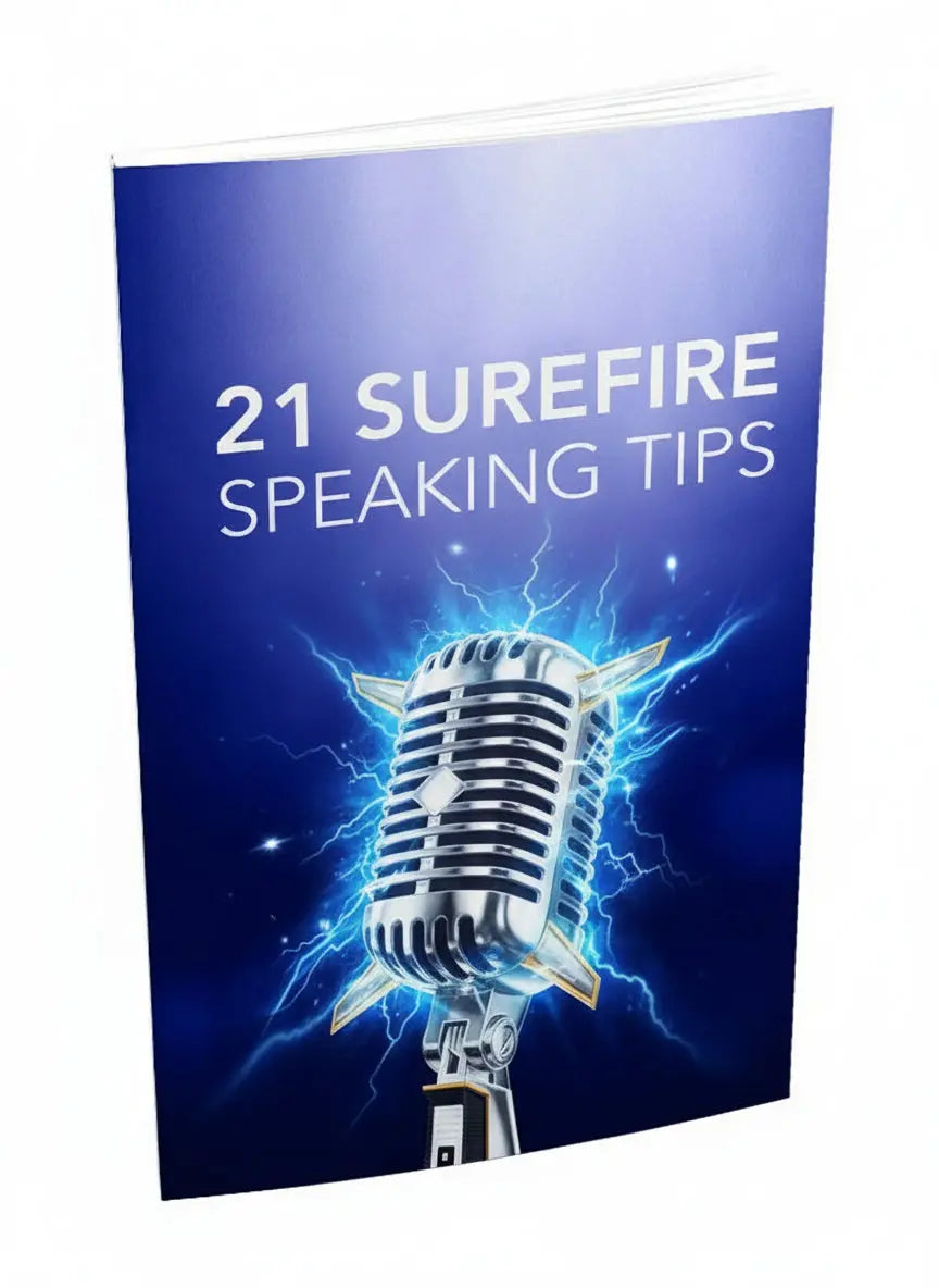 Book titled '21 Surefire Speaking Tips' with a microphone graphic on a blue background