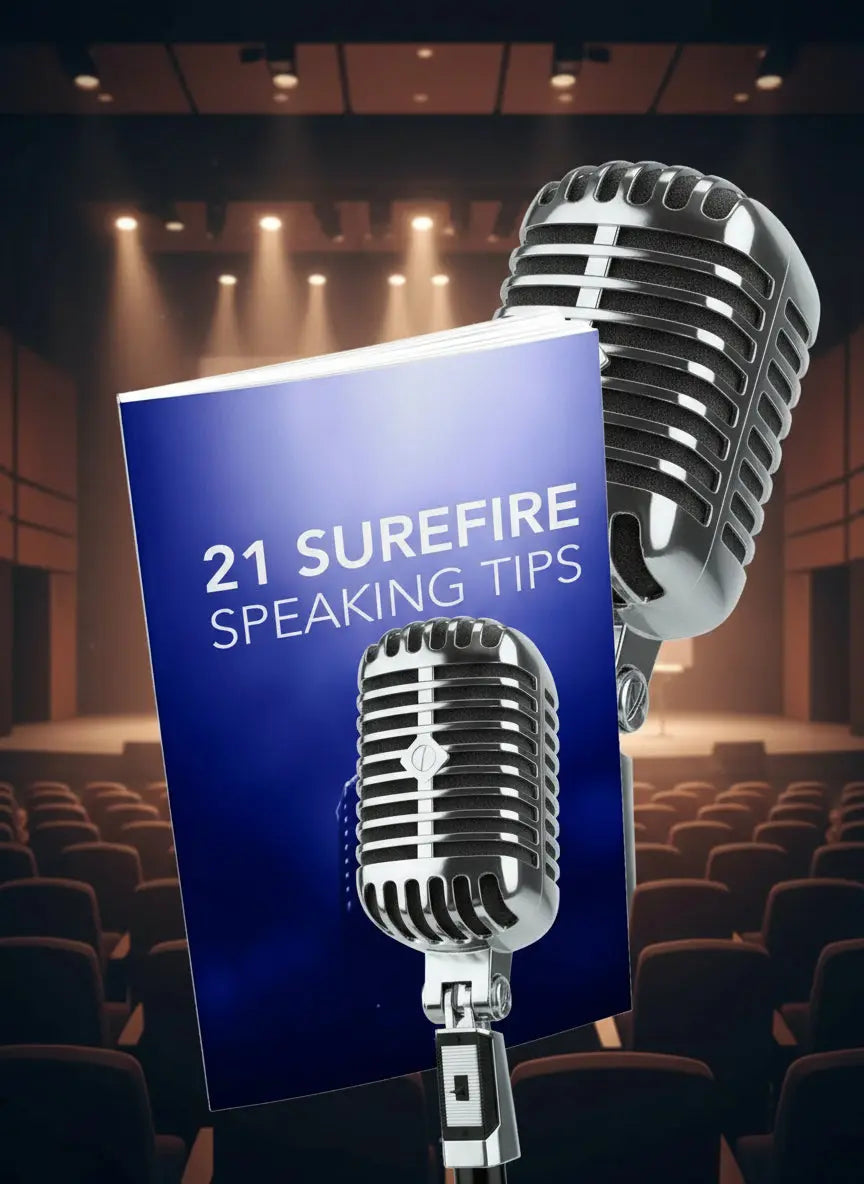 Book titled '21 Surefire Speaking Tips' with a microphone graphic on a blue background
