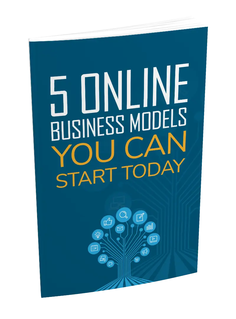 Book cover with '5 Online Business Models You Can Start Today' text on a blue background