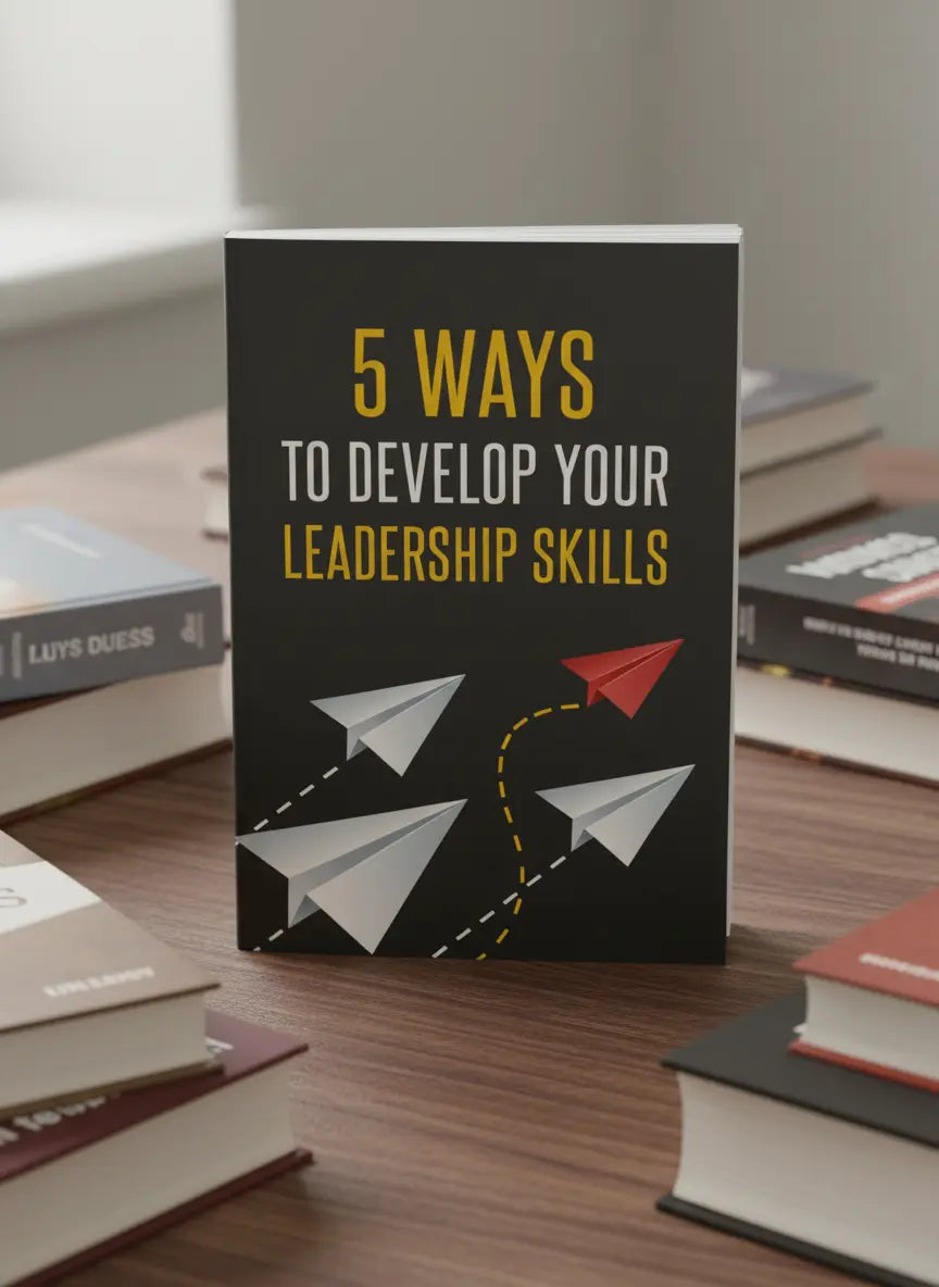 Book cover with '5 Ways to Develop Your Leadership Skills' text and paper airplane graphics on a black background.