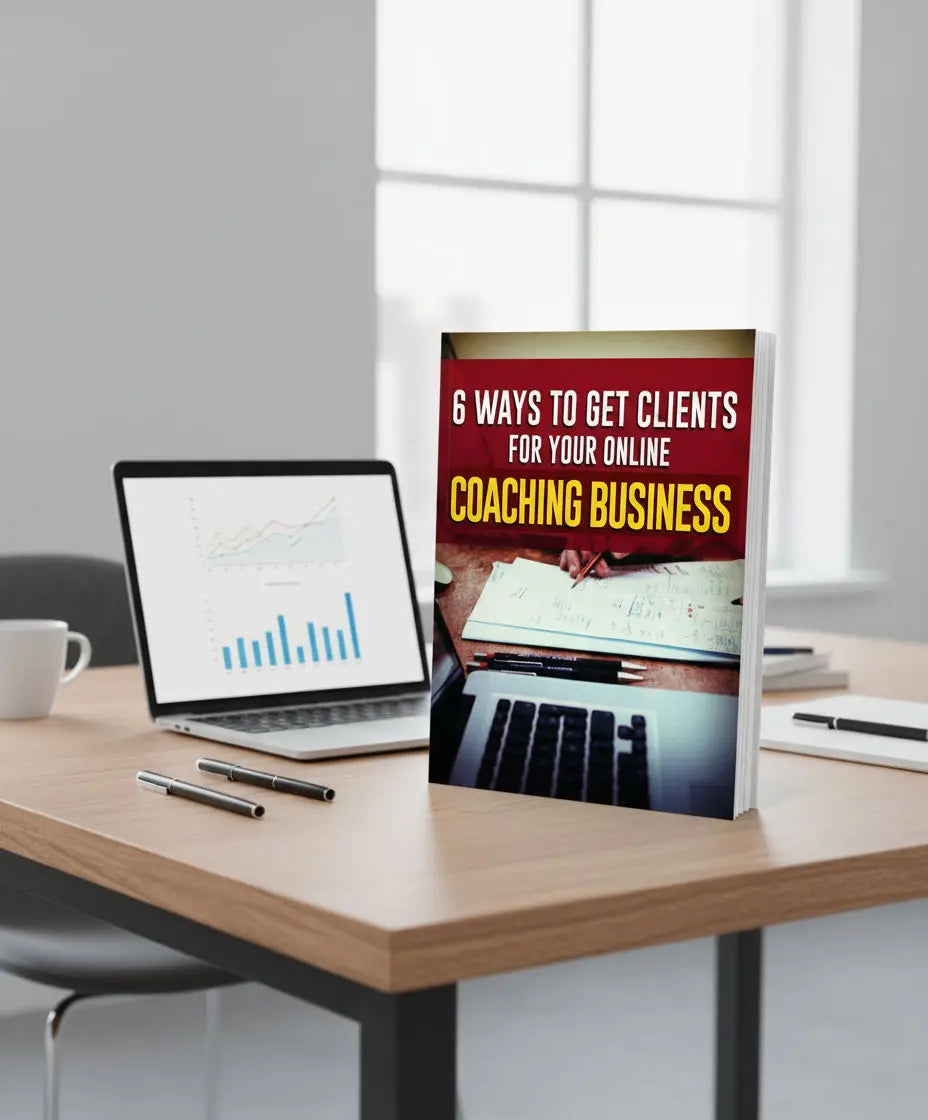 Book cover with text '6 Ways to Get Clients for Your Online Coaching Business' on a red background.