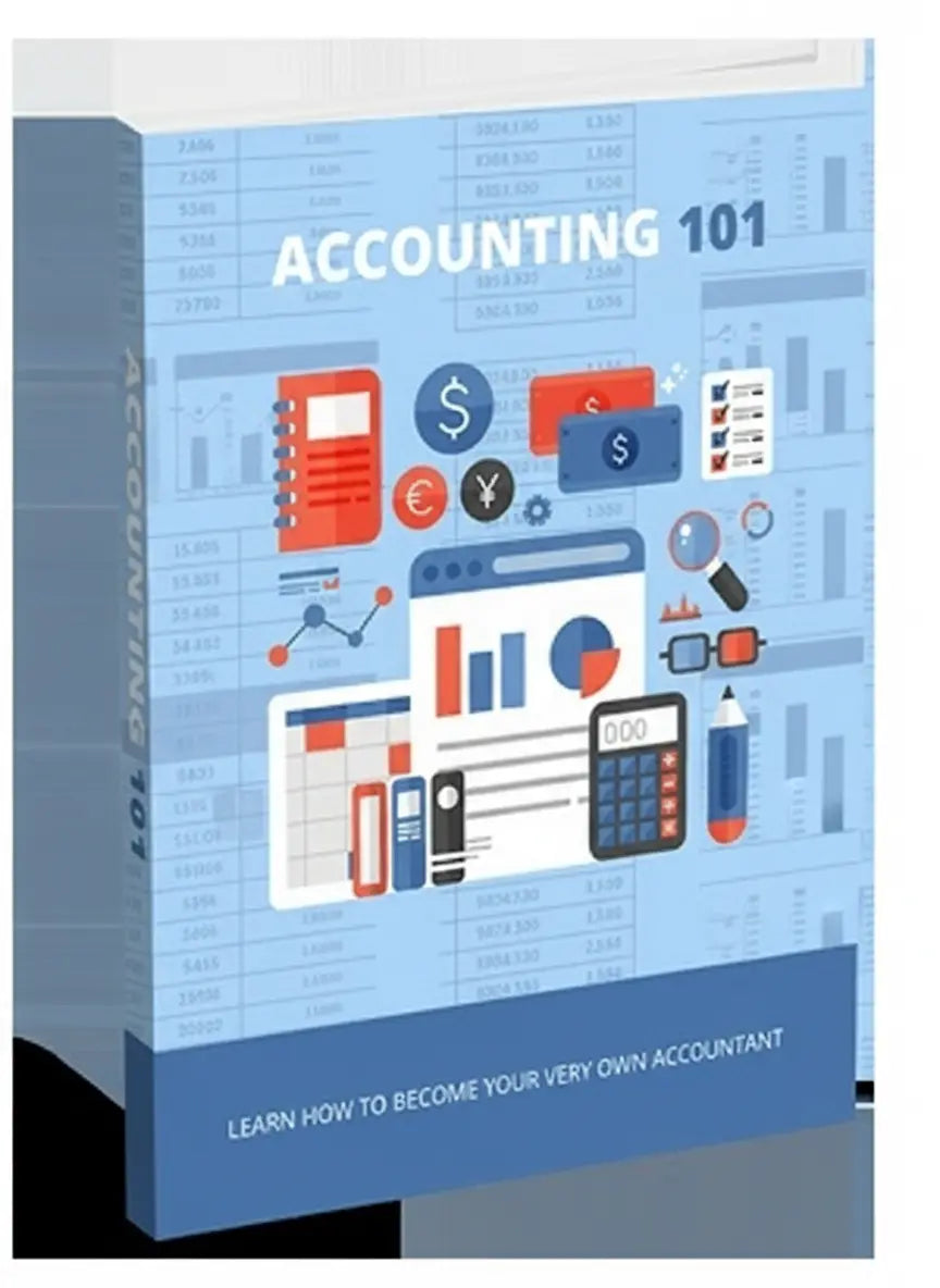 Book titled 'Accounting 101' with accounting-themed icons on a blue background