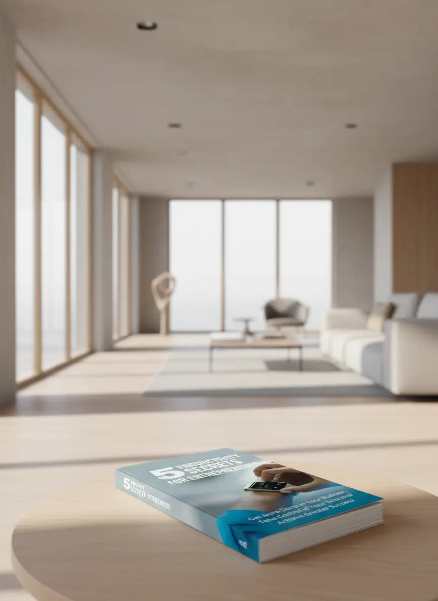 Book cover titled '5 Productivity Secrets for Entrepreneurs' with a hand wearing a smartwatch.