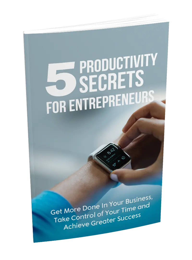 Book cover titled '5 Productivity Secrets for Entrepreneurs' with a hand wearing a smartwatch.