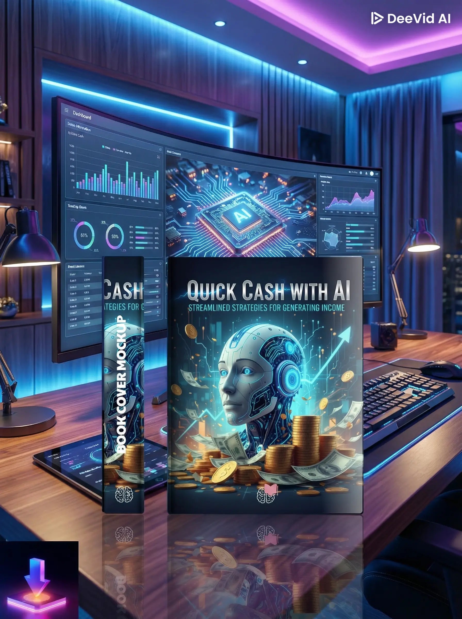 Book cover mockup with AI-themed design on a desk with computer monitors in the background